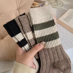 3 Pairs Striped Comfy Mid Tube Socks Warm Cotton Crew Length Stockings