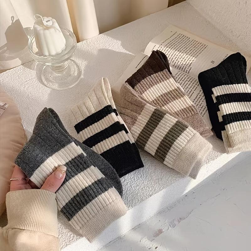 3 Pairs Striped Comfy Mid Tube Socks Warm Cotton Crew Length Stockings