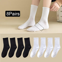 8 Pairs Classic Solid Crew Sports Socks Women's Stockings