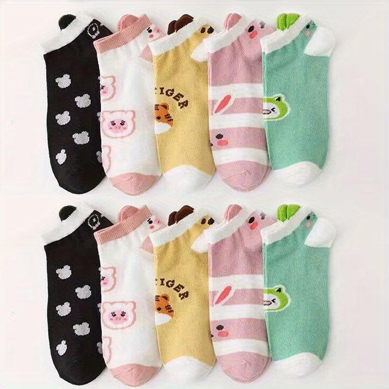 10 Pairs Cartoon Animal Print Socks & Low Cut Short Socks Women's Stockings
