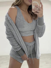 Cozy Fuzzy Lounge Set with Hooded Robe Tank Top & Shorts