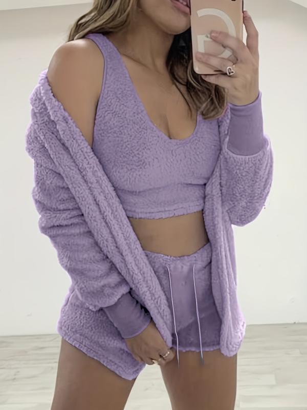 Cozy Fuzzy Lounge Set with Hooded Robe Tank Top & Shorts