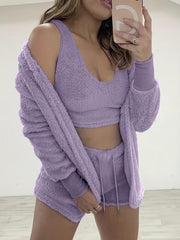Cozy Fuzzy Lounge Set with Hooded Robe Tank Top & Shorts