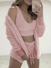 Cozy Fuzzy Lounge Set with Hooded Robe Tank Top & Shorts