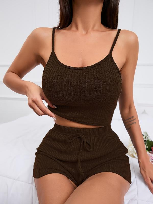 Ribbed Knit Lounge Set Cami Crop Top & Lace Up Shorts