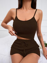 Ribbed Knit Lounge Set Cami Crop Top & Lace Up Shorts