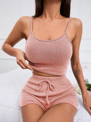 Ribbed Knit Lounge Set Cami Crop Top & Lace Up Shorts