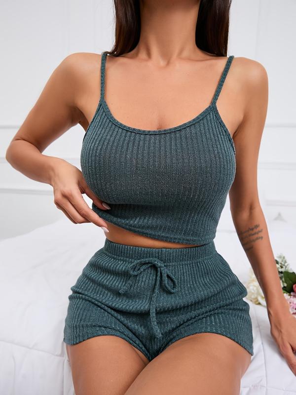 Ribbed Knit Lounge Set Cami Crop Top & Lace Up Shorts