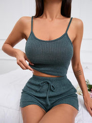Ribbed Knit Lounge Set Cami Crop Top & Lace Up Shorts