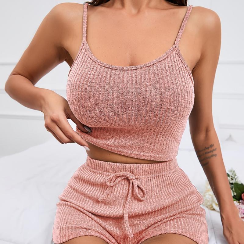 Ribbed Knit Lounge Set Cami Crop Top & Lace Up Shorts