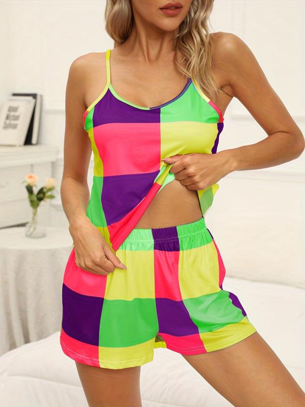 Colorful Plaid Lounge Set Cami Top & Shorts