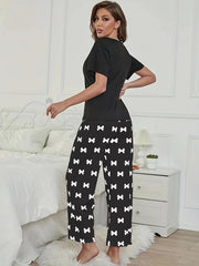 Bowknot Print Lounge Set Short Sleeve Top & Bow Long Pants Women's Loungewear