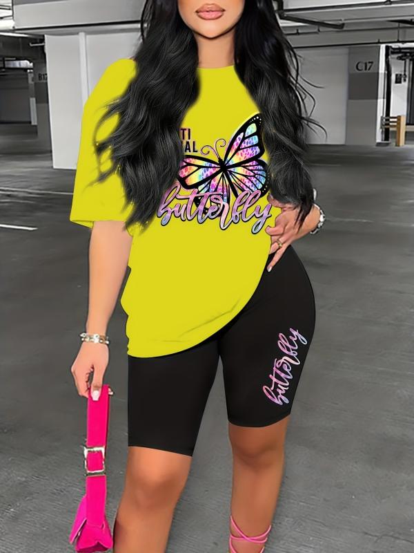 Butterfly & Letter Print Lounge Set Short Sleeve Top & Cozy Shorts