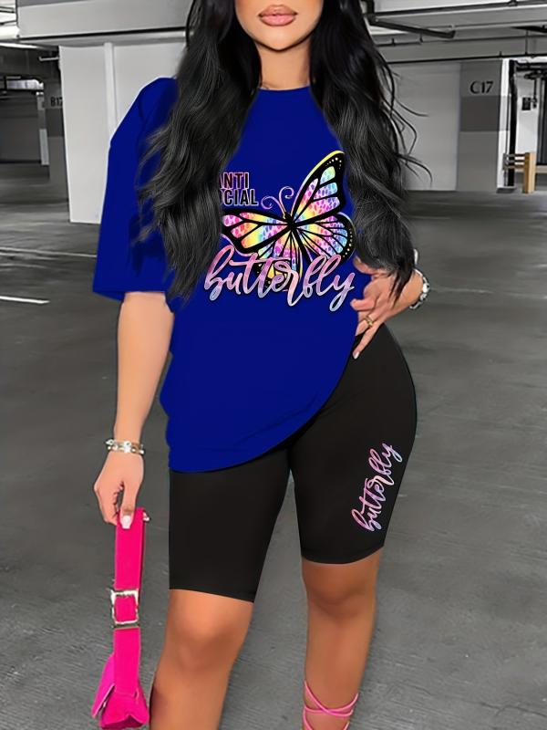 Butterfly & Letter Print Lounge Set Short Sleeve Top & Cozy Shorts