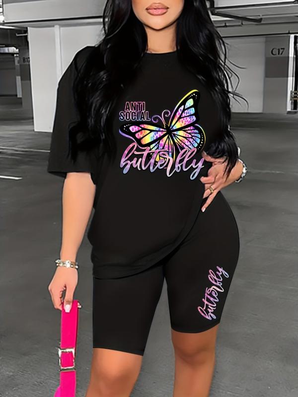Butterfly & Letter Print Lounge Set Short Sleeve Top & Cozy Shorts
