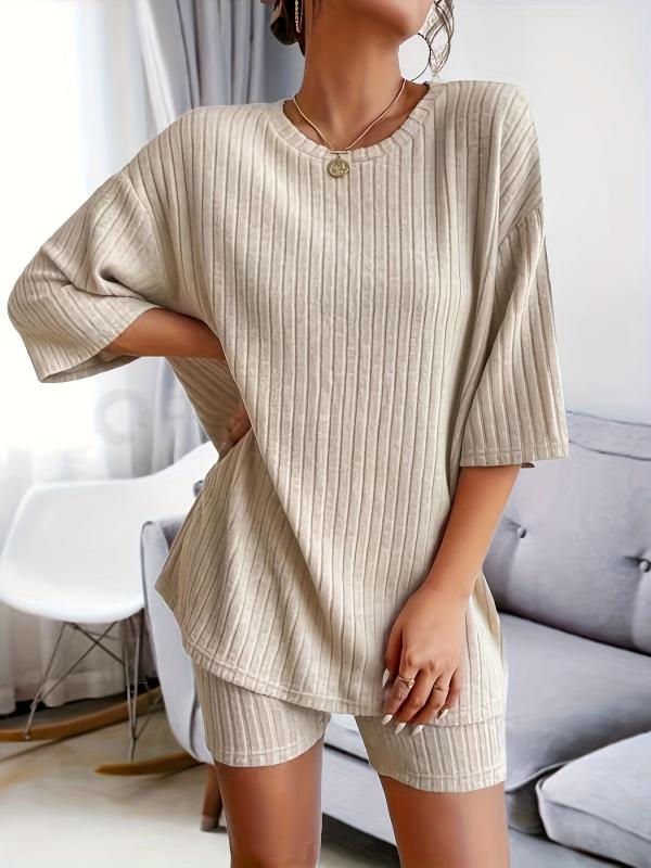 Solid Lounge Set Crew Neck Short Sleeve Top & Shorts Women's L