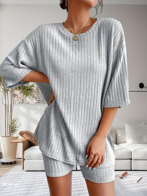 Solid Lounge Set Crew Neck Short Sleeve Top & Shorts Women's L