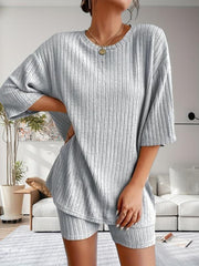 Solid Lounge Set Crew Neck Short Sleeve Top & Shorts Women's L