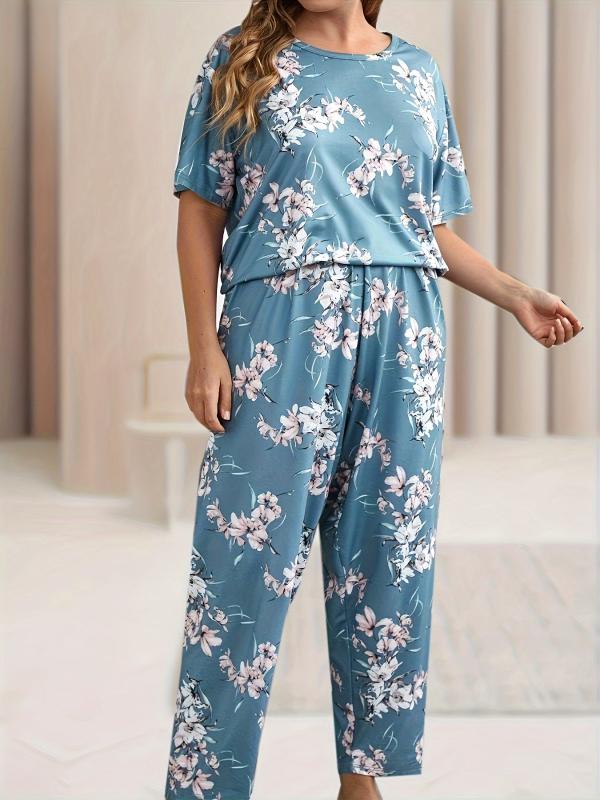 Floral Print Pajamas Set Short Sleeve Top & Pants