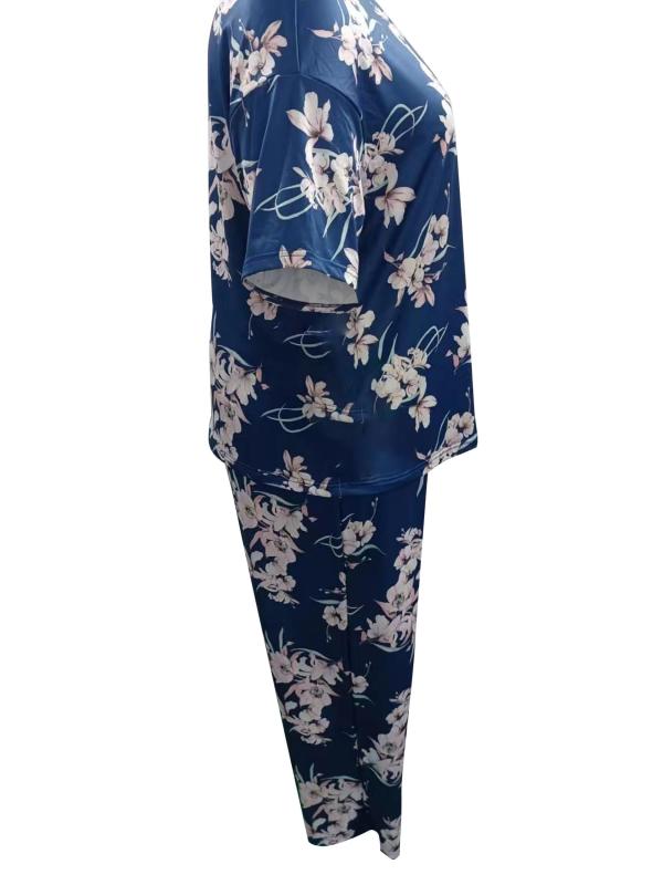 Floral Print Pajamas Set Short Sleeve Top & Pants