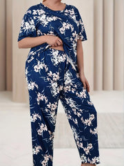 Floral Print Pajamas Set Short Sleeve Top & Pants