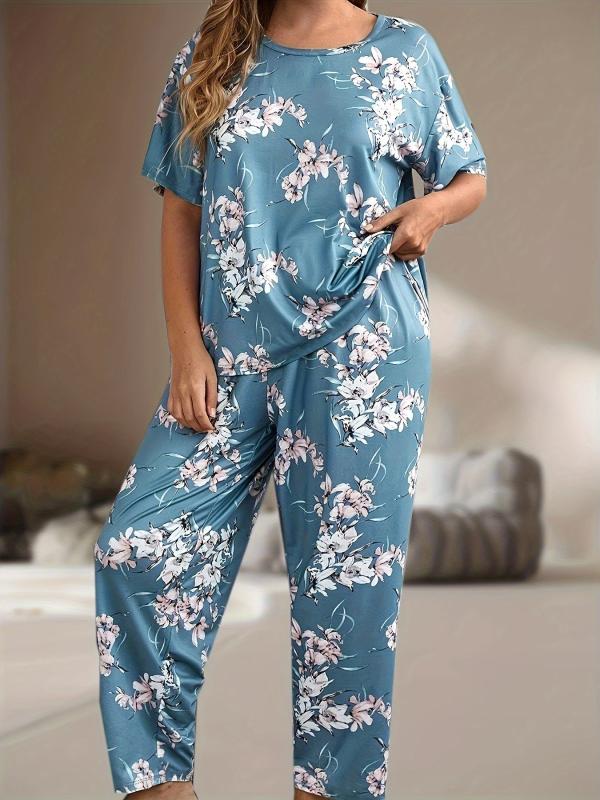 Floral Print Pajamas Set Short Sleeve Top & Pants