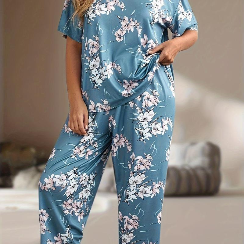 Floral Print Pajamas Set Short Sleeve Top & Pants