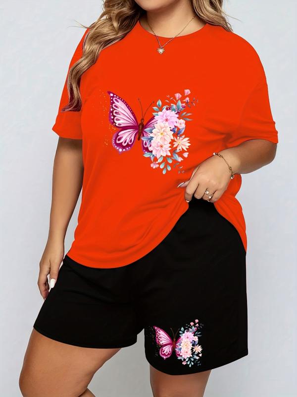 Floral Butterfly Print Tee & Shorts Pajama Set - Plus Size