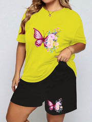 Floral Butterfly Print Tee & Shorts Pajama Set - Plus Size