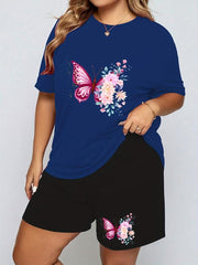Floral Butterfly Print Tee & Shorts Pajama Set - Plus Size
