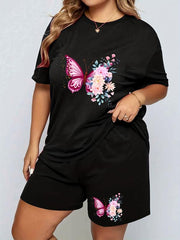 Floral Butterfly Print Tee & Shorts Pajama Set - Plus Size