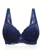 Women's Plus Contrast Lace Full Cover Push Up Bra, Adjustable Straps Plus Size