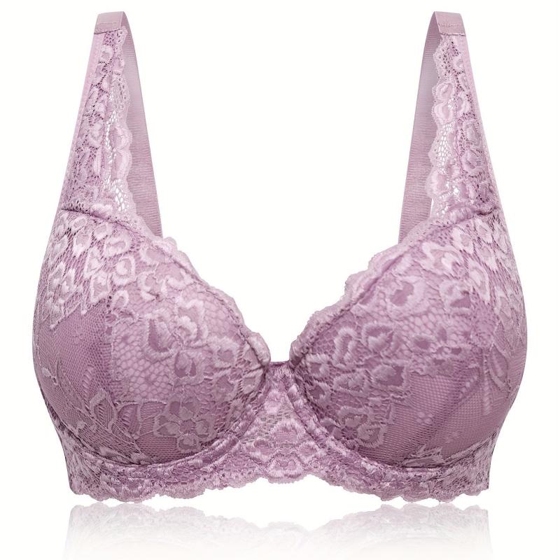 Women's Plus Contrast Lace Full Cover Push Up Bra, Adjustable Straps Plus Size