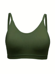 Sporty Bra Solid Ribbed Breathable Plus Size with Removable Pads