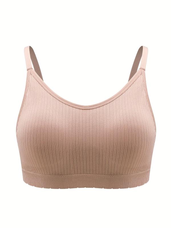 Sporty Bra Solid Ribbed Breathable Plus Size with Removable Pads