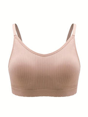 Sporty Bra Solid Ribbed Breathable Plus Size with Removable Pads