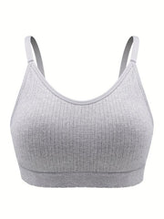 Sporty Bra Solid Ribbed Breathable Plus Size with Removable Pads