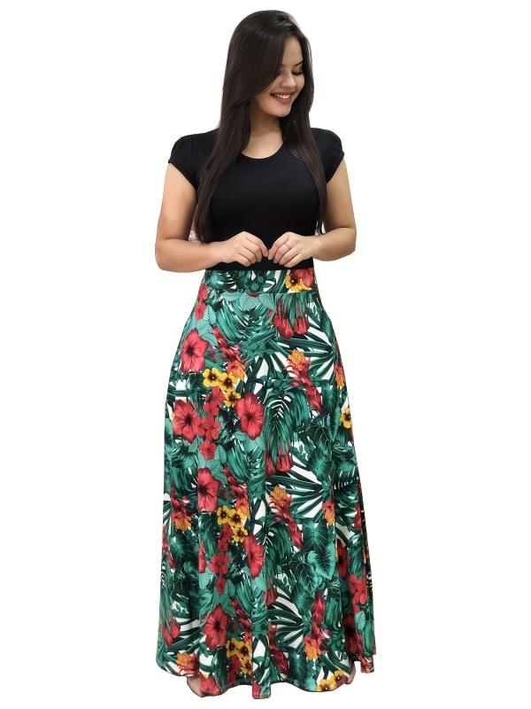 Colorblock Polka Dot Short Sleeve Maxi Dress Women's Plus