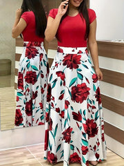 Colorblock Polka Dot Short Sleeve Maxi Dress Women's Plus