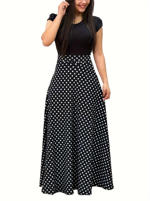 Colorblock Polka Dot Short Sleeve Maxi Dress Women's Plus