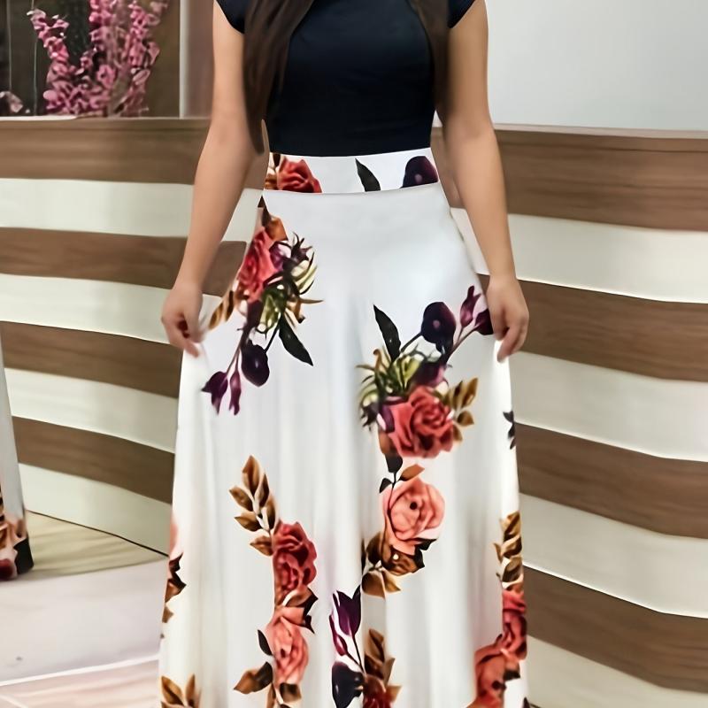 Colorblock Polka Dot Short Sleeve Maxi Dress Women's Plus