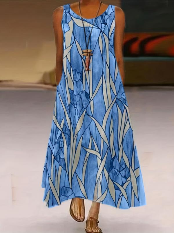 Flower & Leaf Print Plus Size Maxi Cami Dress With Pockets