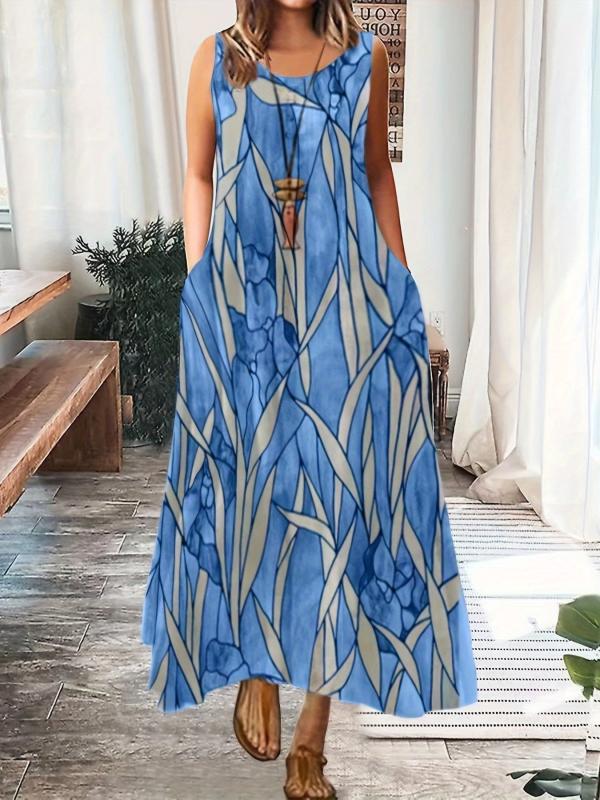 Flower & Leaf Print Plus Size Maxi Cami Dress With Pockets