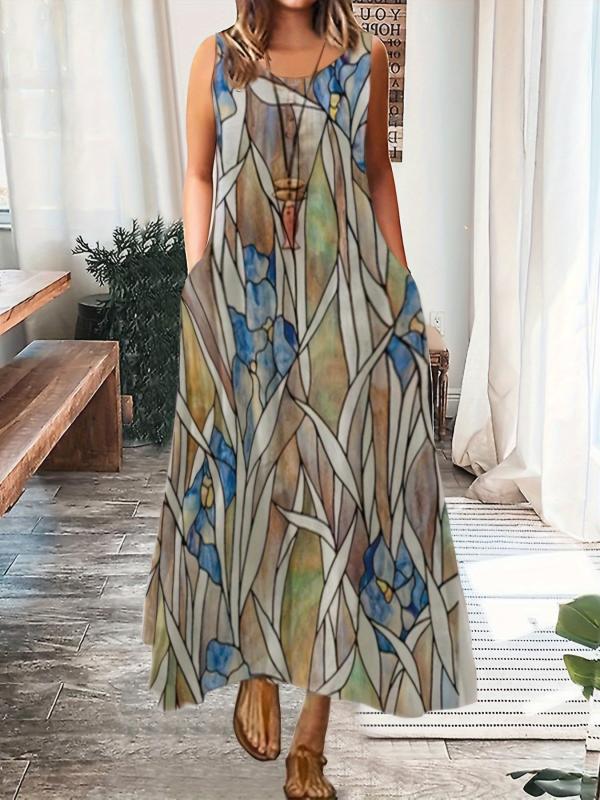 Flower & Leaf Print Plus Size Maxi Cami Dress With Pockets