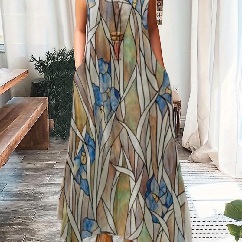 Flower & Leaf Print Plus Size Maxi Cami Dress With Pockets