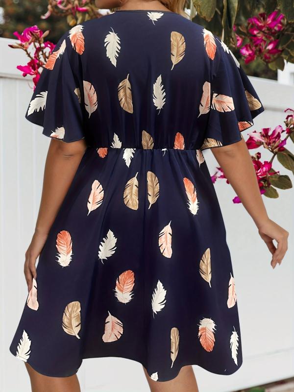 Feather Print V Neck Midi Dress Plus Size
