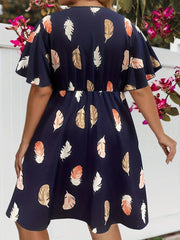 Feather Print V Neck Midi Dress Plus Size