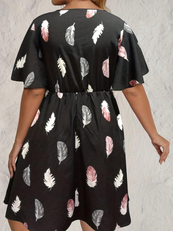 Feather Print V Neck Midi Dress Plus Size