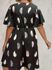 Feather Print V Neck Midi Dress Plus Size