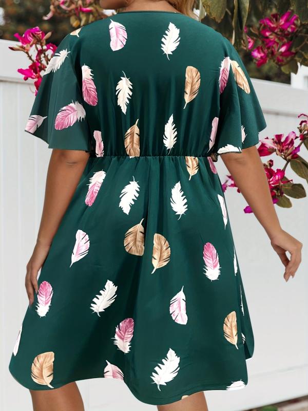 Feather Print V Neck Midi Dress Plus Size